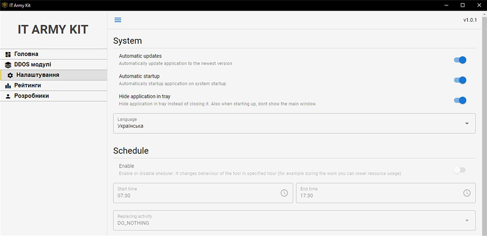 Figure 6: IT Army Kit GUI - system settings for scheduling attacks, launch at start and automated updates